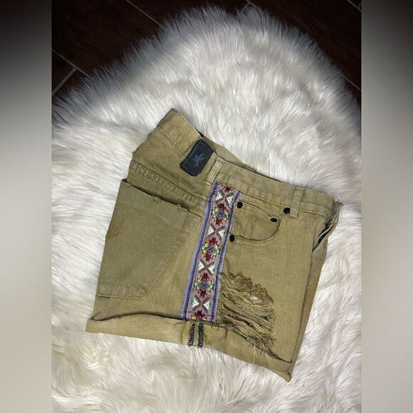 One Teaspoon olive green distressed Aztec striped side denim shorts sz 8/26 - Picture 3 of 9